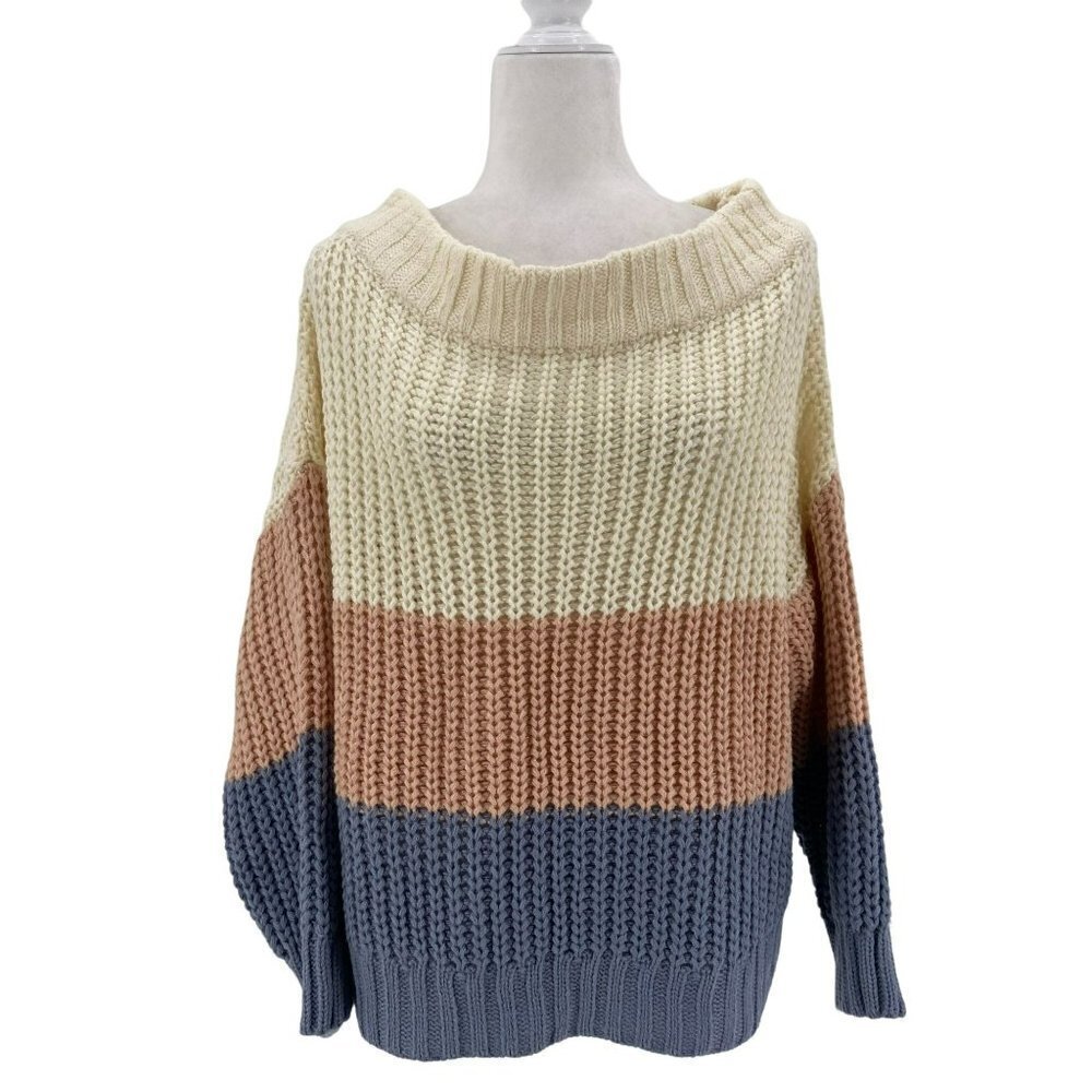 NWT Aakaa Off-White Pink Blue Stripe Semi Crop Thick Knit Sweater Womens Small